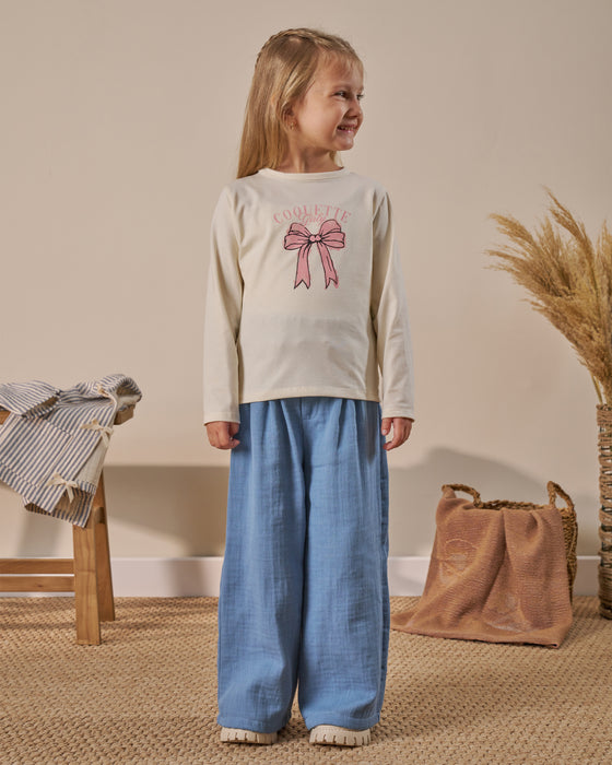 Fiyonk Detaylı Çizgili 3'lü Bayramlık Kız Çocuk Alt Üst Takım (4-7 Yaş)