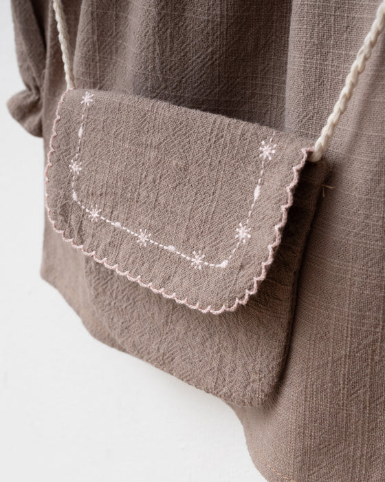 Yakası Nakışlı Çantalı Bayramlık Keten Kız Bebek Elbise (6-9 Ay / 2-3 Yaş)