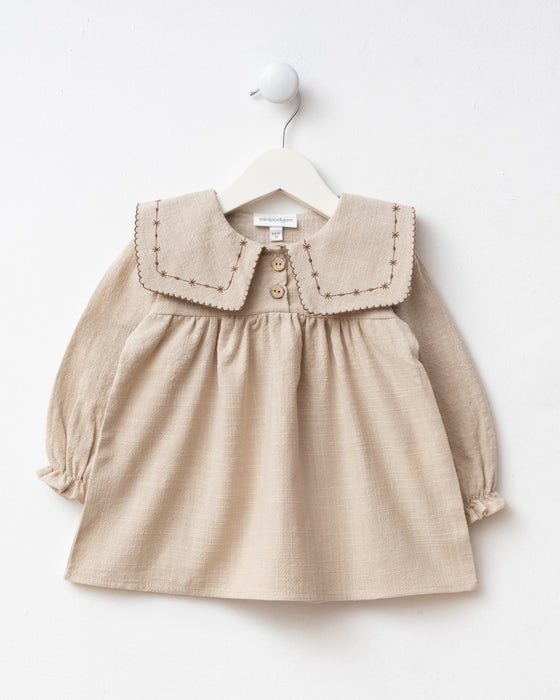 Yakası Nakışlı Çantalı Bayramlık Keten Kız Bebek Elbise (6-9 Ay / 2-3 Yaş)