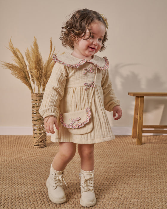 Fiyonk Detaylı Çantalı Bebe Yakalı Müslin Bayramlık Kız Bebek Elbise ( 9 Ay - 3 Yaş)