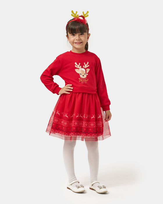 Yeni Yıl Oh Deer Baskılı Geyik Detaylı Taçlı Kız Çocuk Elbise (4-7 Yaş)