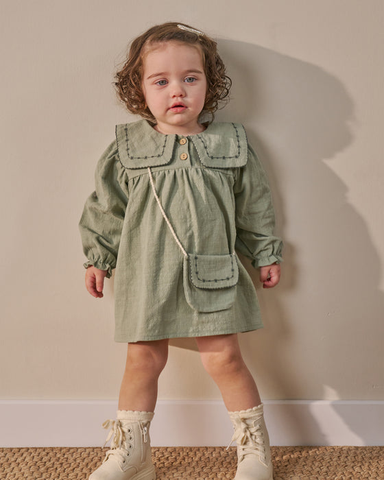 Yakası Nakışlı Çantalı Bayramlık Keten Kız Bebek Elbise (6-9 Ay / 2-3 Yaş)