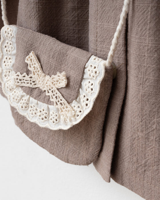 Dantel Detaylı Bebe Yaka Çantalı Bayramlık Keten Kız Bebek Elbise (9 Ay / 3 Yaş)