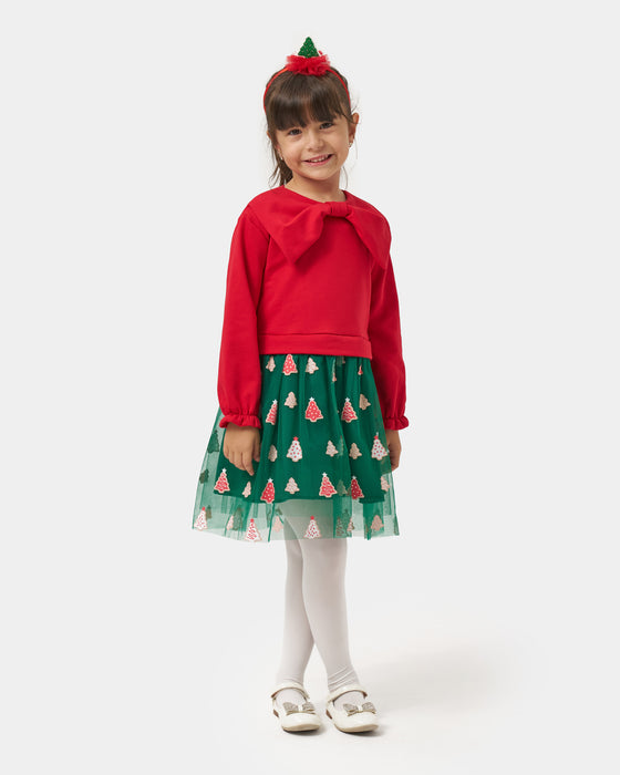 Yeni Yıl Fiyonk Yakalı Baskılı Tüllü Kız Çocuk Elbise (4-7 Yaş)