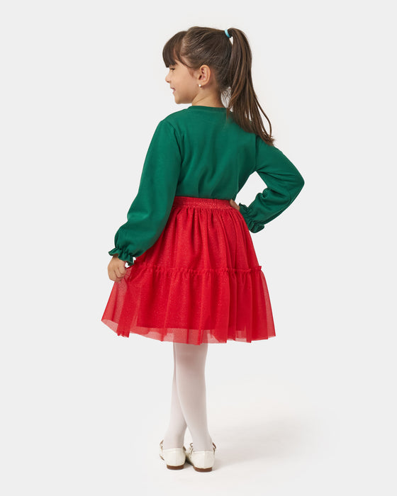 Yeni Yıl Happy Holiday Baskılı Ponponlu Simli Etekli Kız Çocuk İkili Takım (5-8 Yaş)