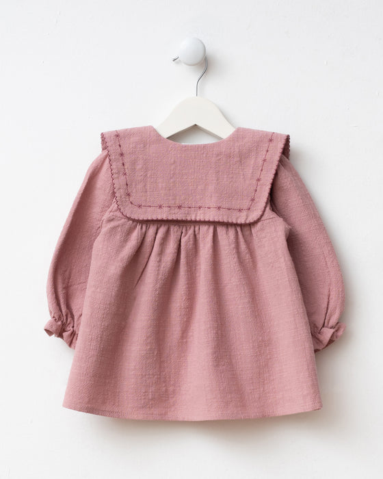 Yakası Nakışlı Çantalı Bayramlık Keten Kız Bebek Elbise (6-9 Ay / 2-3 Yaş)