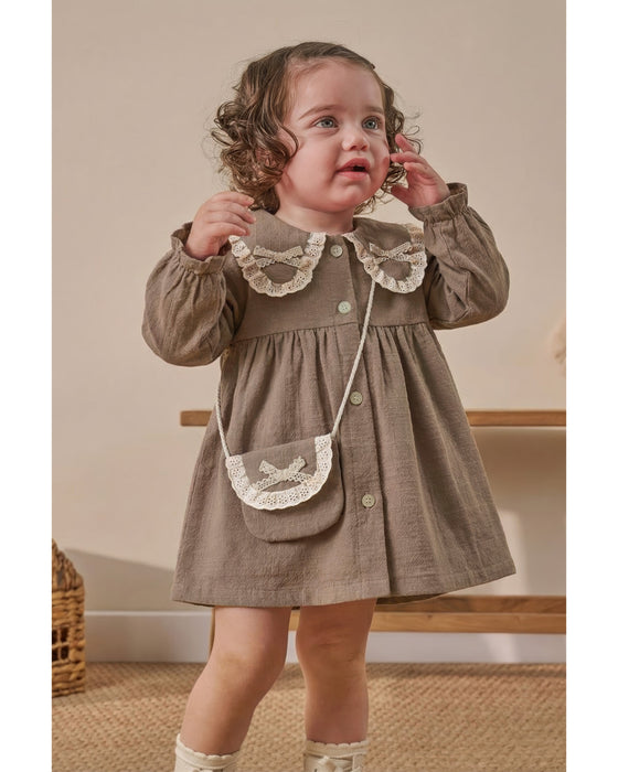Dantel Detaylı Bebe Yaka Çantalı Bayramlık Keten Kız Bebek Elbise (9 Ay / 3 Yaş)