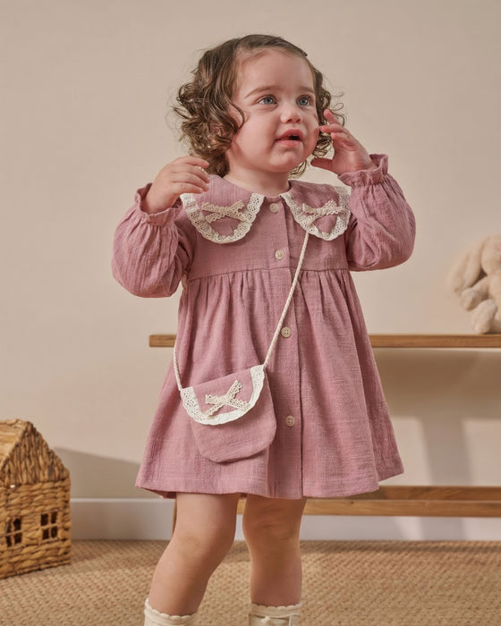 Dantel Detaylı Bebe Yaka Çantalı Bayramlık Keten Kız Bebek Elbise (9 Ay / 3 Yaş)